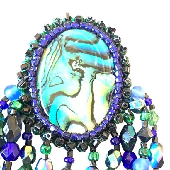 Vintage hand beaded abalone glass bead festoon chandelier earrings pierced